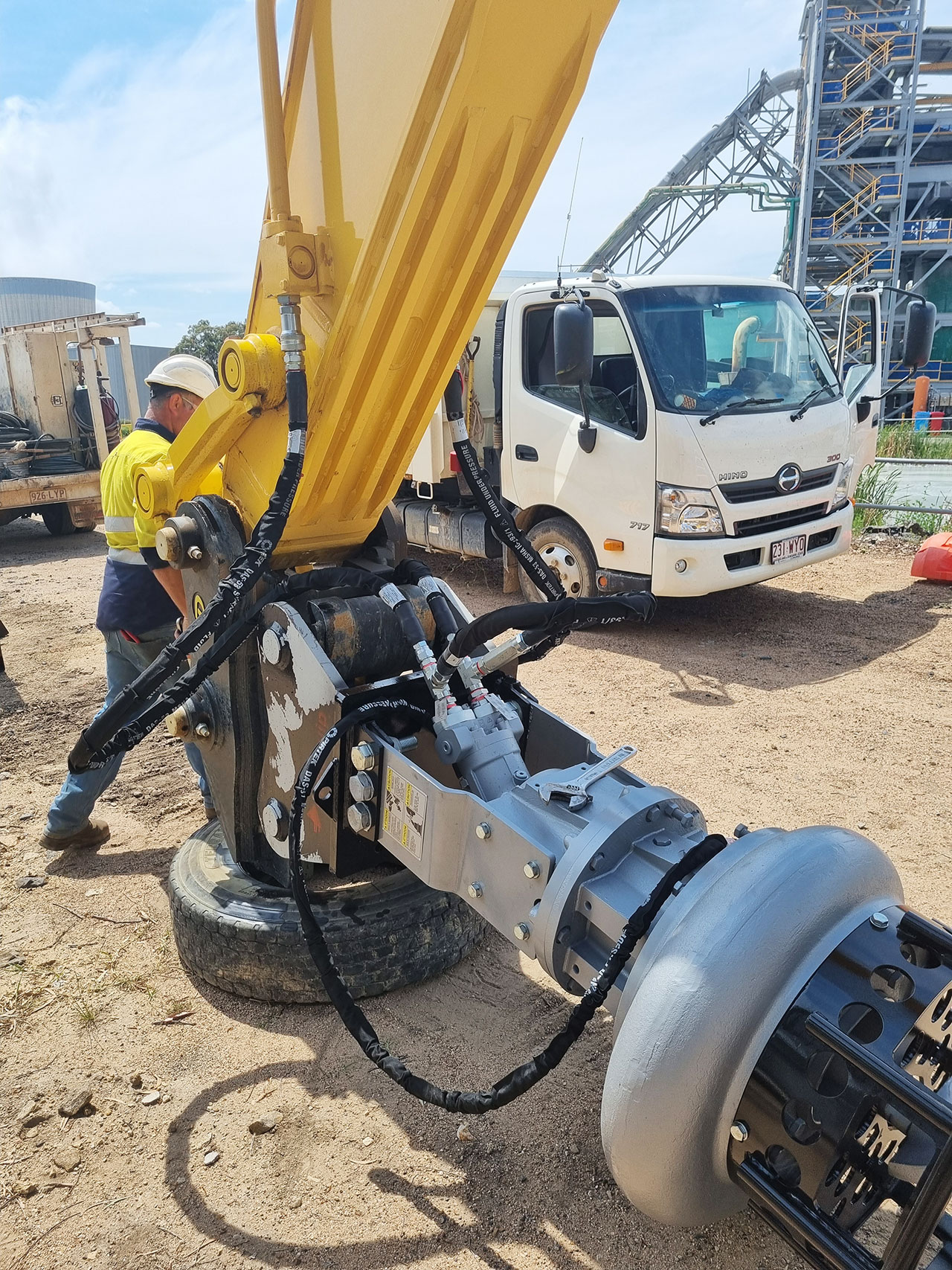 Dredge pump connected to excavator close-up picture